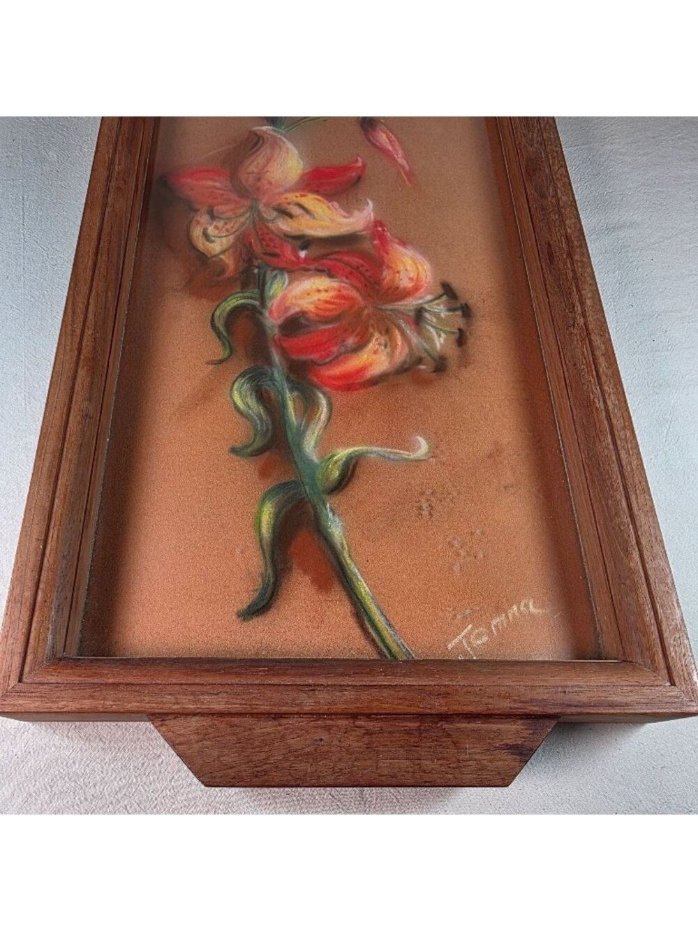 Vintage Wooden Serving Tray With Hand-Painted Glass Floral Design & Handles Jeme